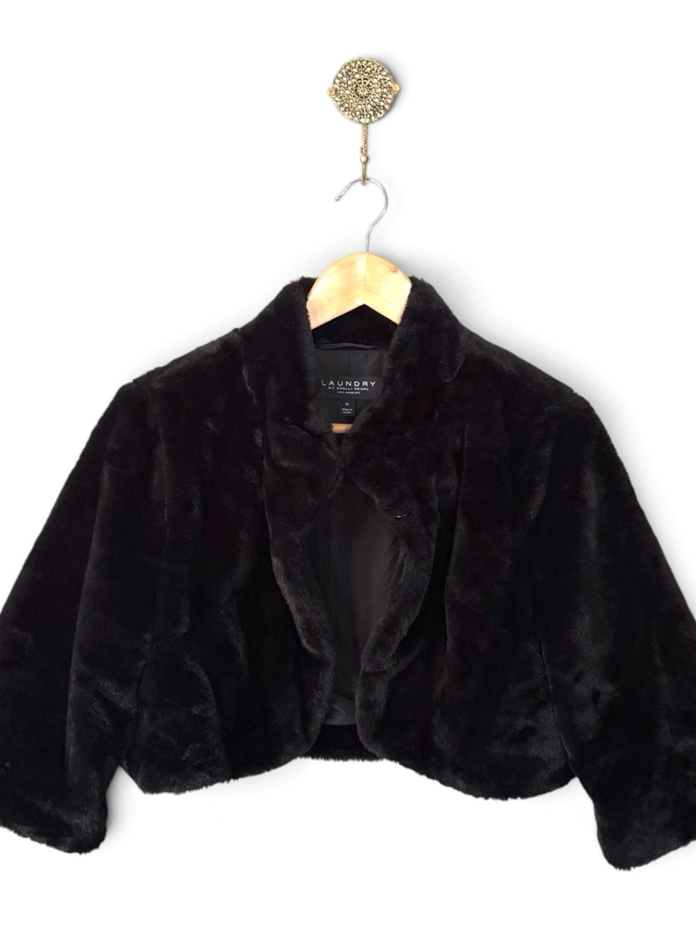 Laundry by Shelli Segal Black Faux Fur Cropped Shrug Bolero Jacket M - Picture 3 of 10